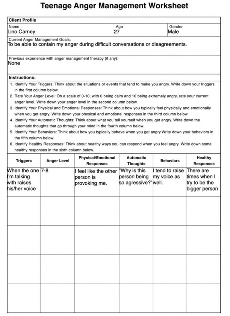 Printable Anger Management Worksheets For Teens