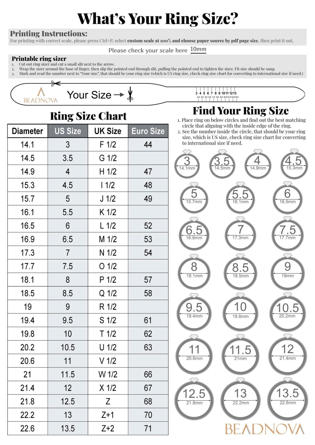 Printable Men’s Ring Size Chart Printable JD