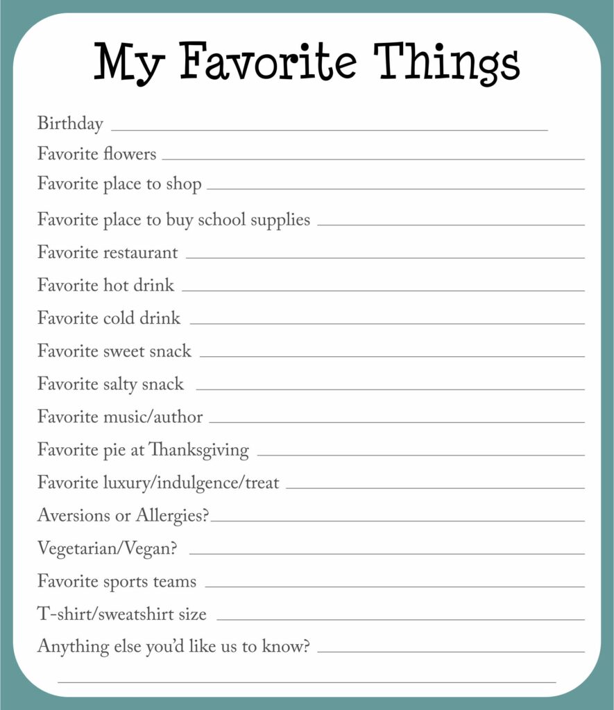 Printable My Favorite Things Template Printable JD