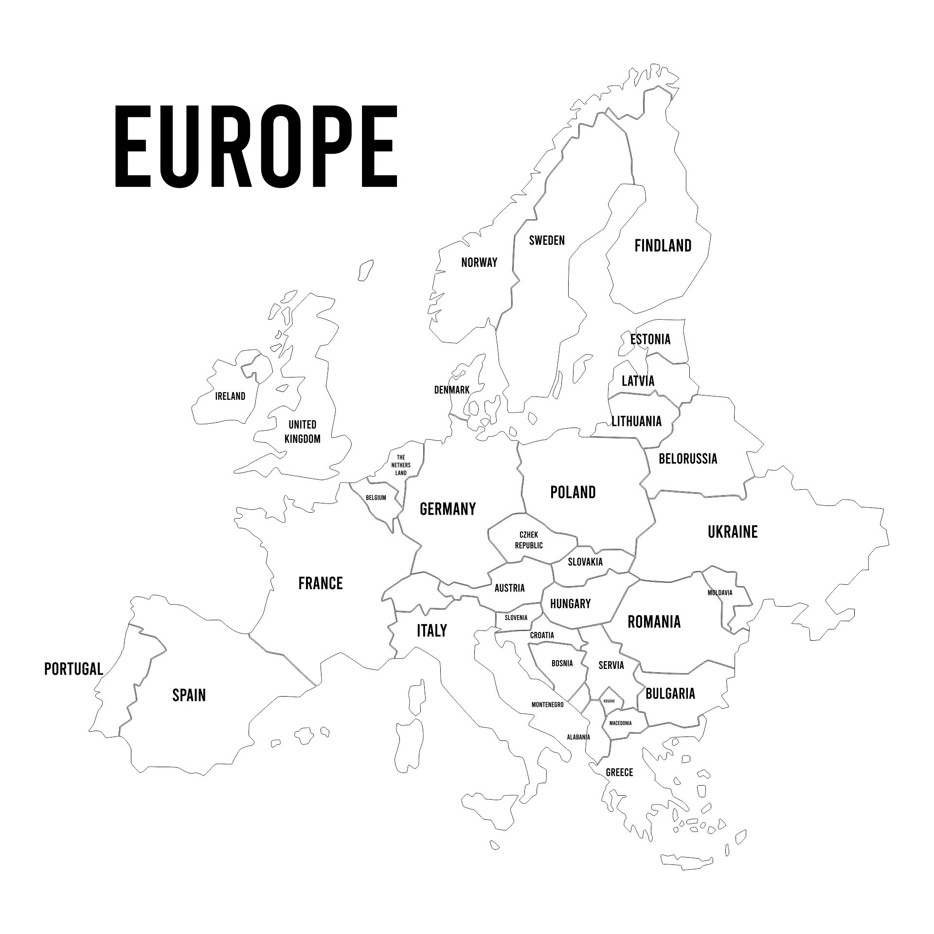 Printable Black and White Europe Map Example_15896