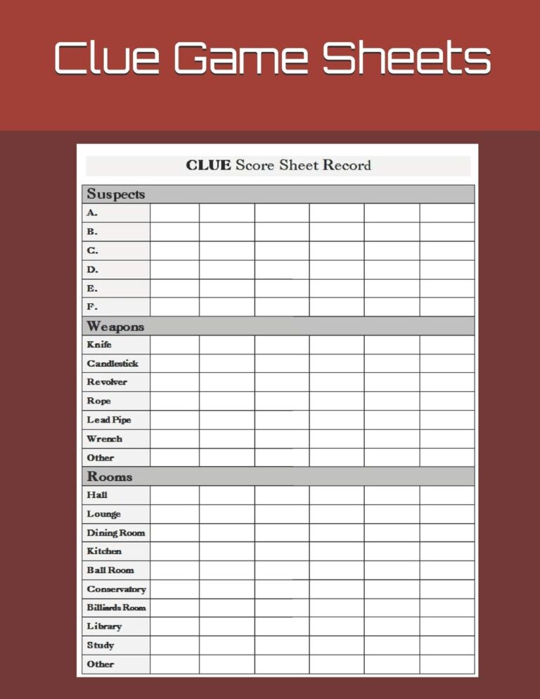 Printable Board Game Clue Sheets - Printable JD