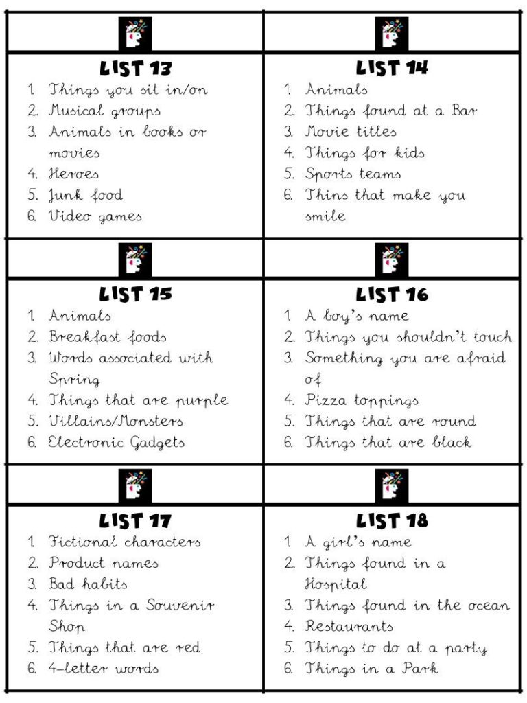 Printable Scattergories Categories List - Printable JD