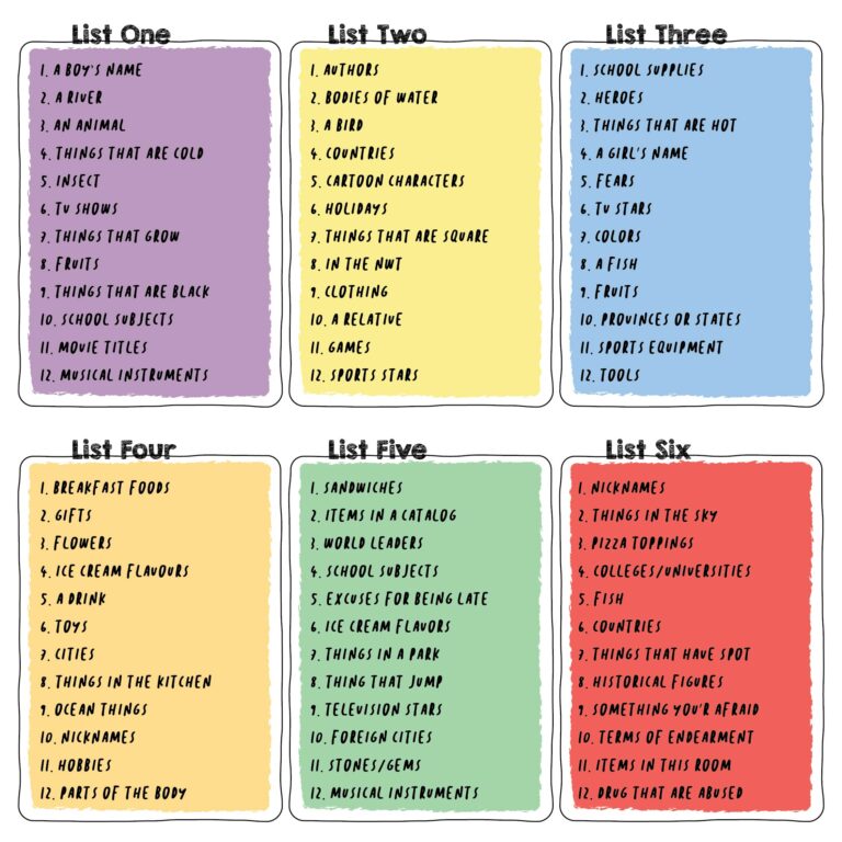 Printable Scattergories Categories List - Printable JD