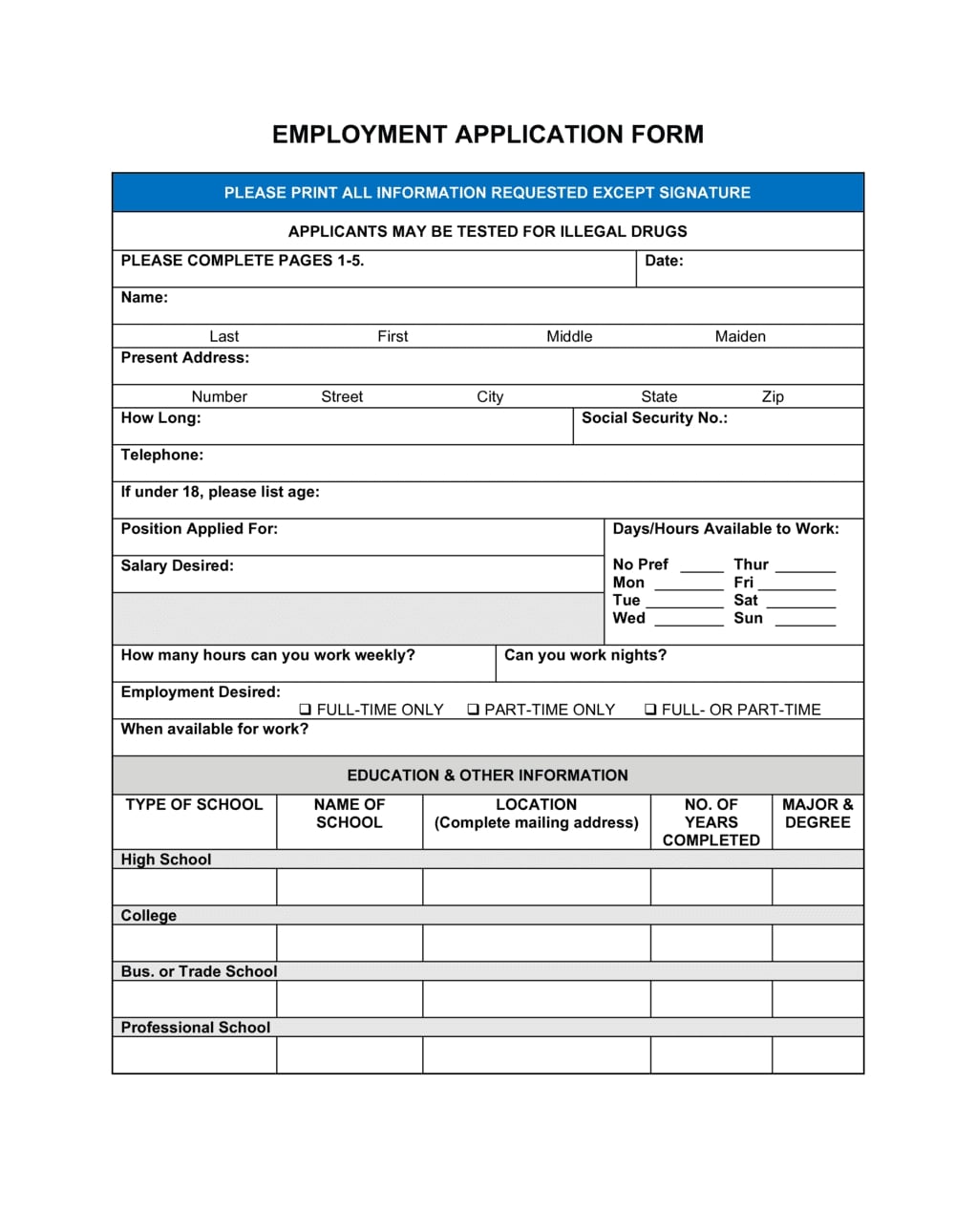 Printable Blank Application For Employment_82236