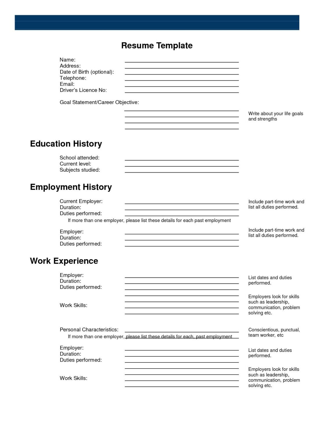 Printable Fill In Blank Resume Printable Jd 8839