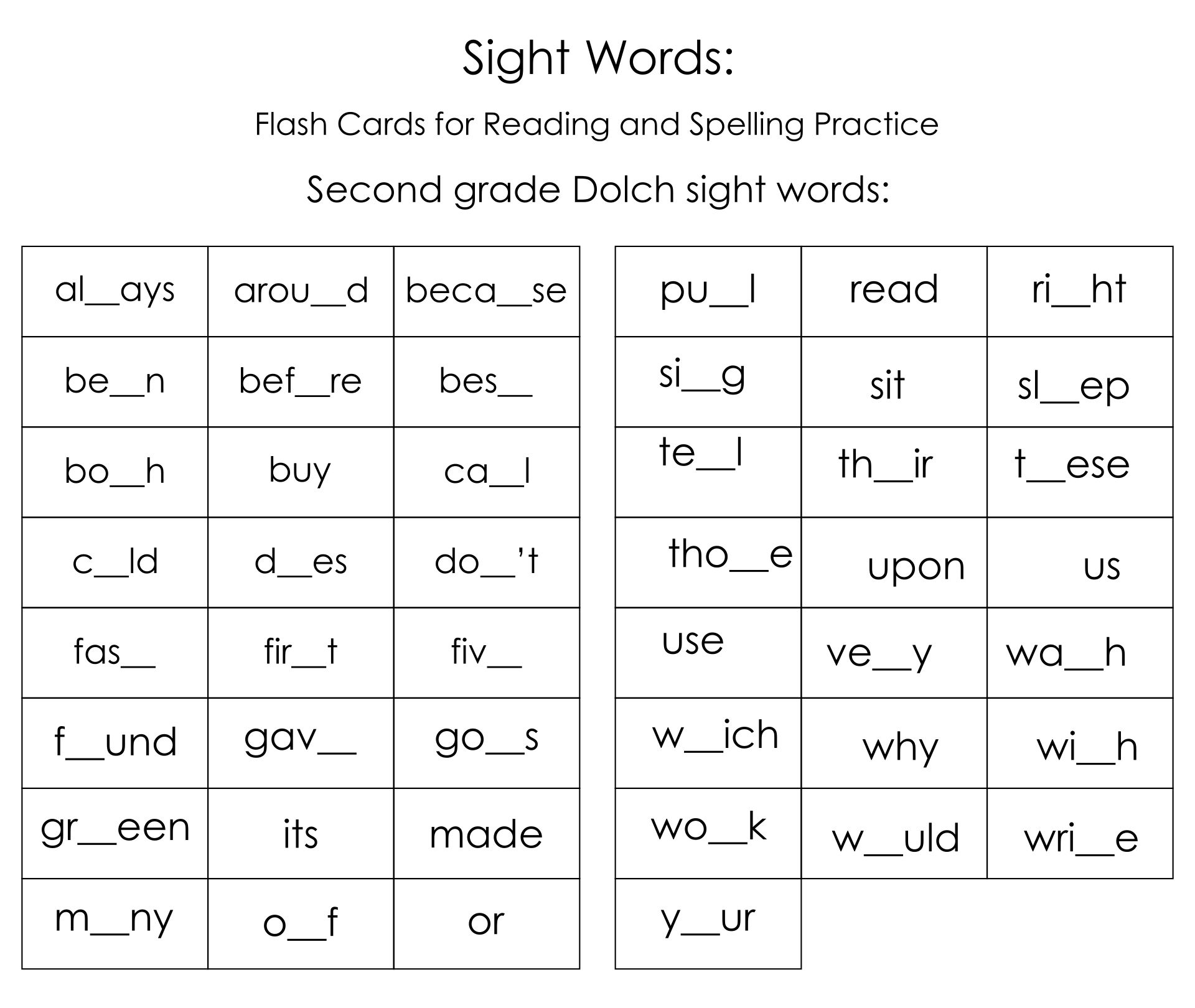 Printable Second Grade Sight Words_86347
