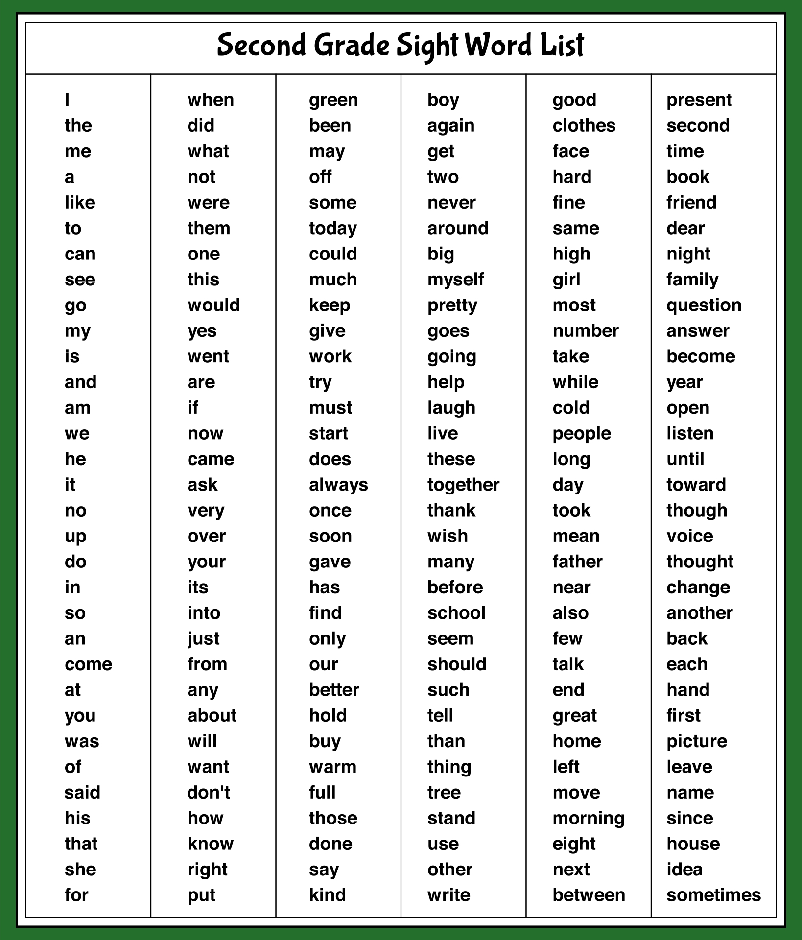 Printable Second Grade Sight Words_93047