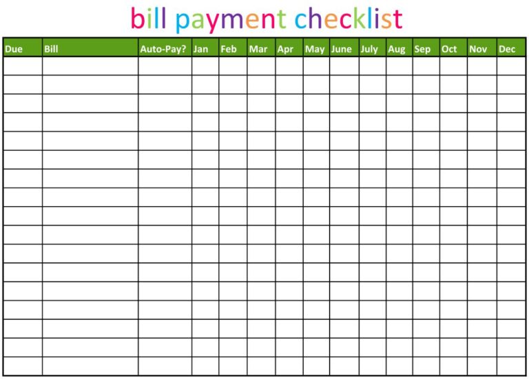 Printable Bill Payment Chart - Printable JD