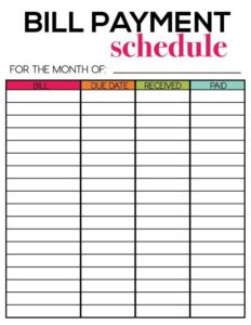 Printable Bill Payment Chart - Printable JD