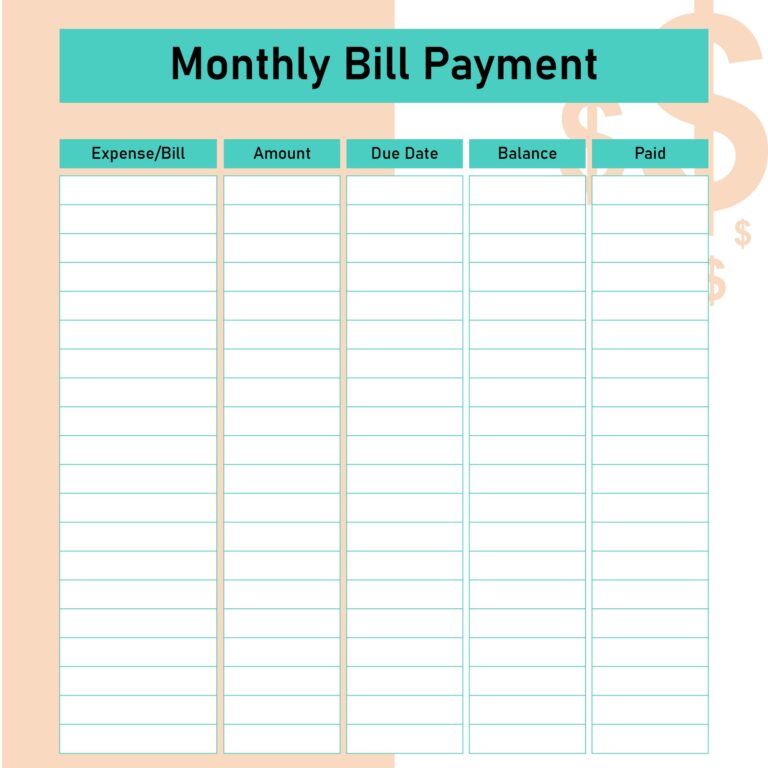 Printable Bill Payment Chart - Printable JD