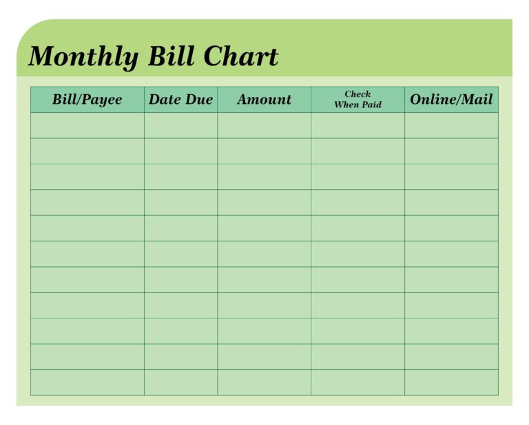 Printable Bill Payment Chart - Printable JD