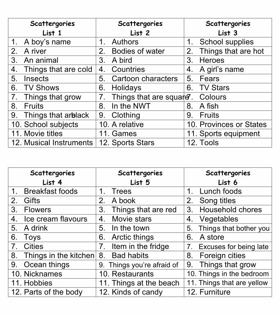 Printable Scattergories Lists 1 12_81006