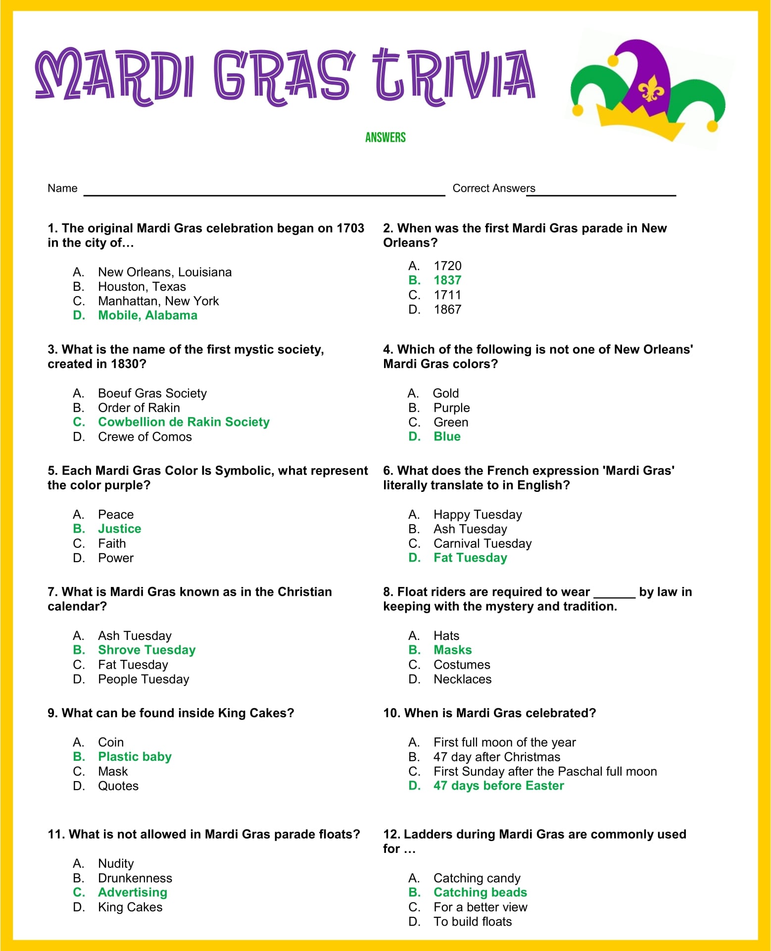 Printable Fun Trivia Printable JD