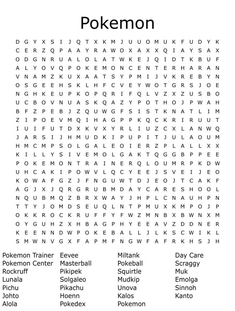 Printable Pokemon Word Search Puzzles Printable JD