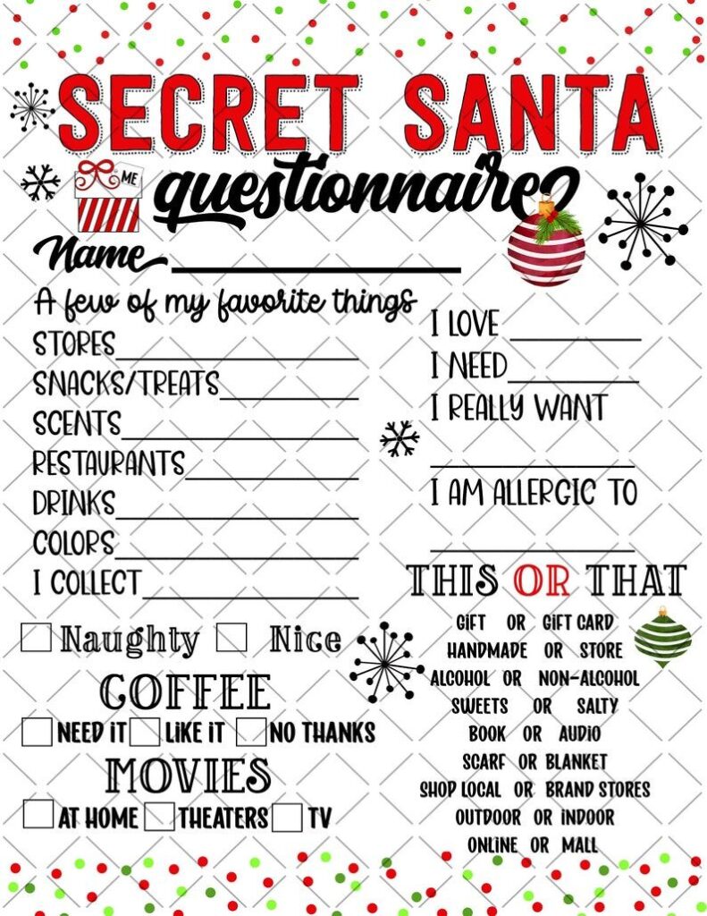 Printable Christmas Gift Exchange Questionnaire Printable JD