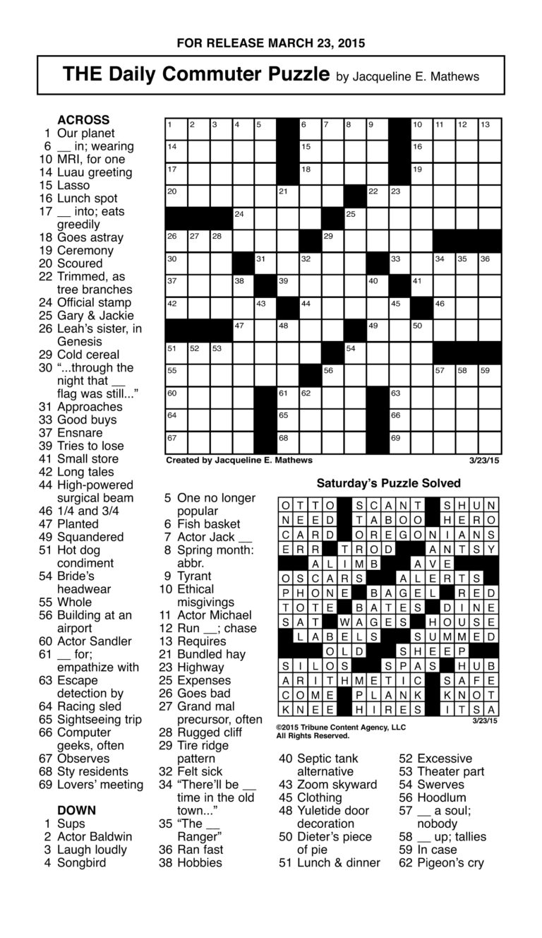 Daily Commuter Crossword Puzzle Printable Printable JD