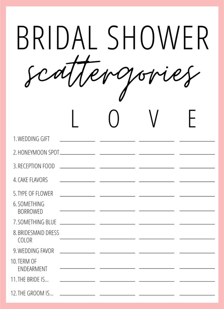 Printable Bridal Scattergories Sheets - Printable JD