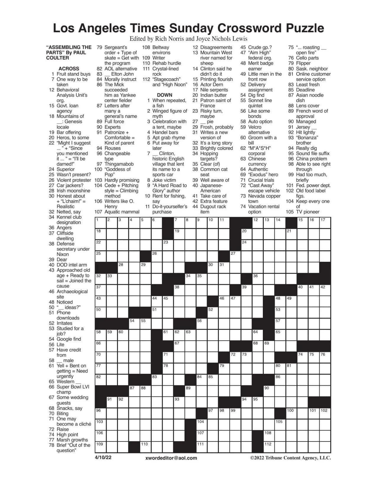 Printable LA Times Sunday Crossword 2019_41522Printable LA Times Sunday Crossword 2019_41522