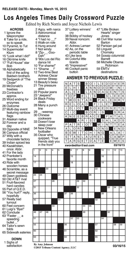 Printable LA Times Sunday Crossword 2019 Printable JD