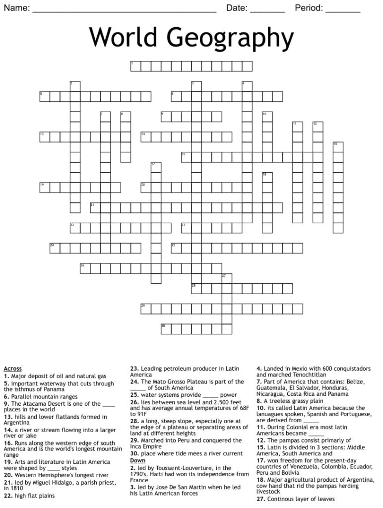 Geography Crossword Printable Printable JD