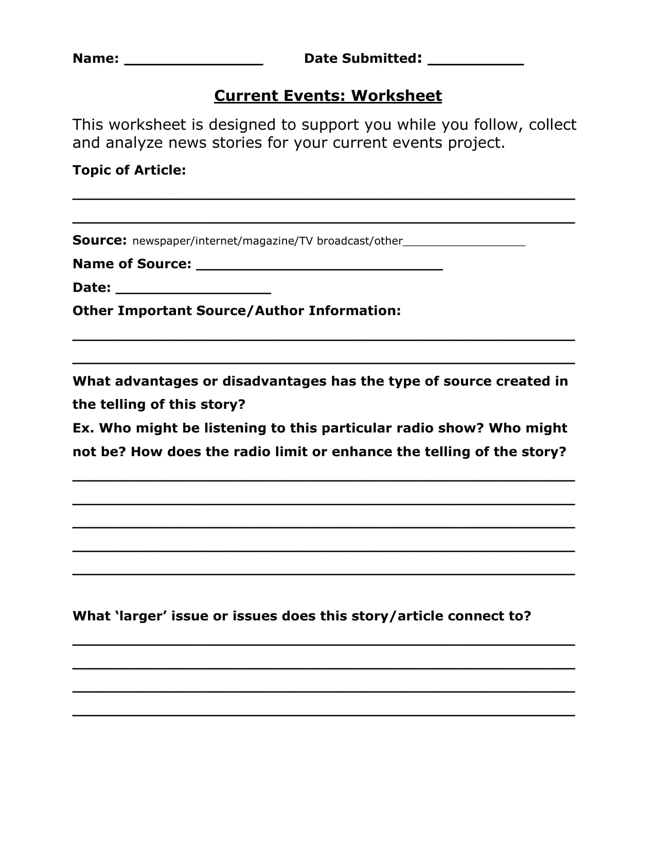 Free Printable Current Events Worksheet Printable JD