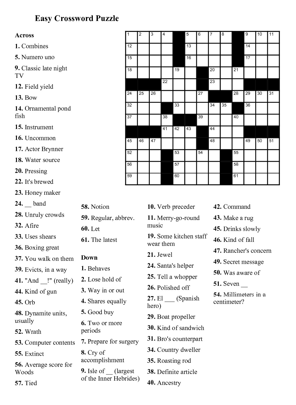 Printable Easy Crossword For Seniors