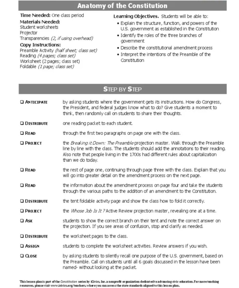 Printable Anatomy Of Constitution Icivics Answer Key