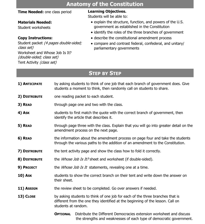 Printable Anatomy Of The Constitution Worksheet Answers