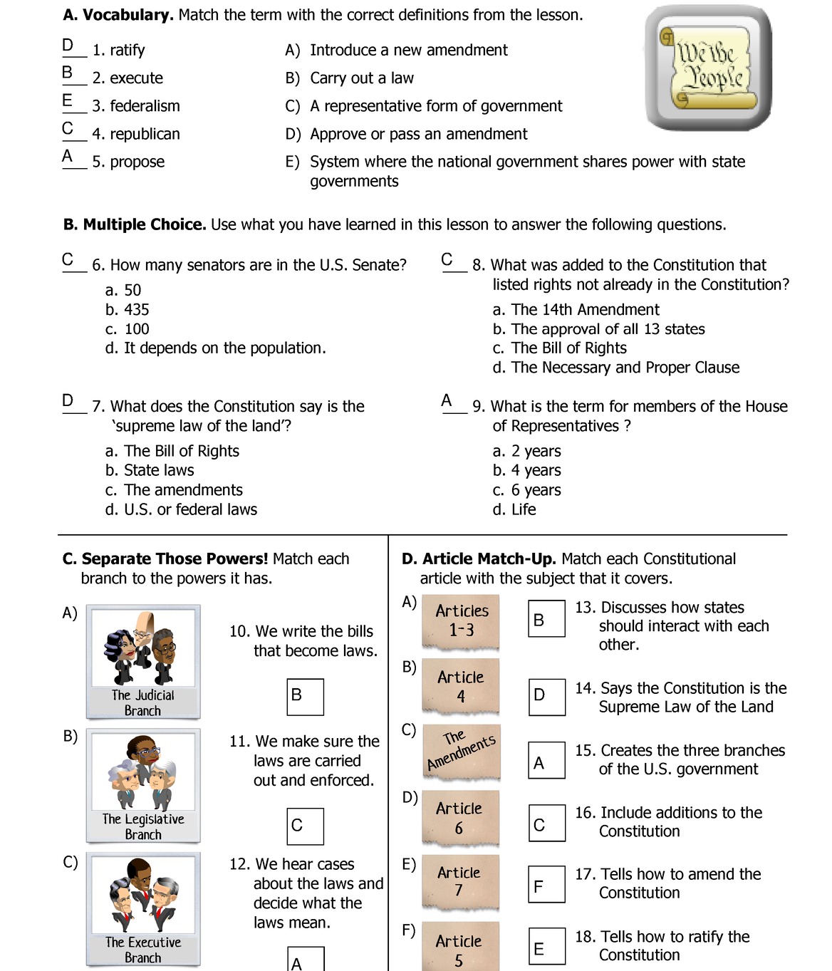 Printable Anatomy Of The Constitution Worksheet Answers