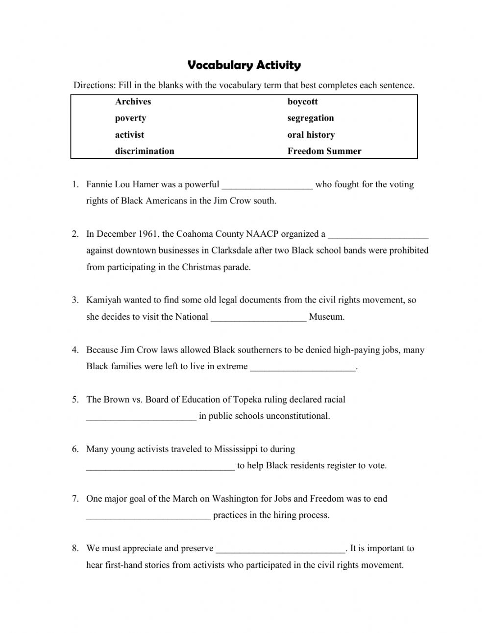 Printable Civil Rights Movement Worksheets