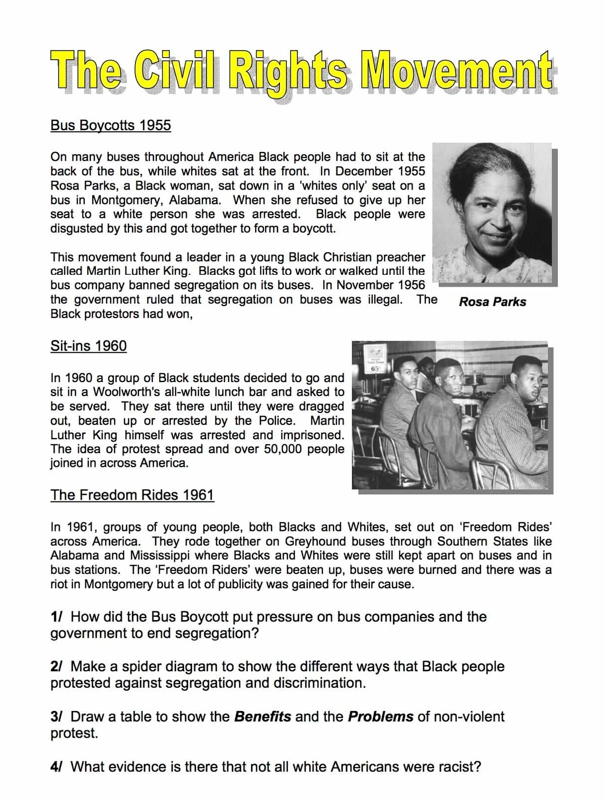 Printable Civil Rights Movement Worksheets