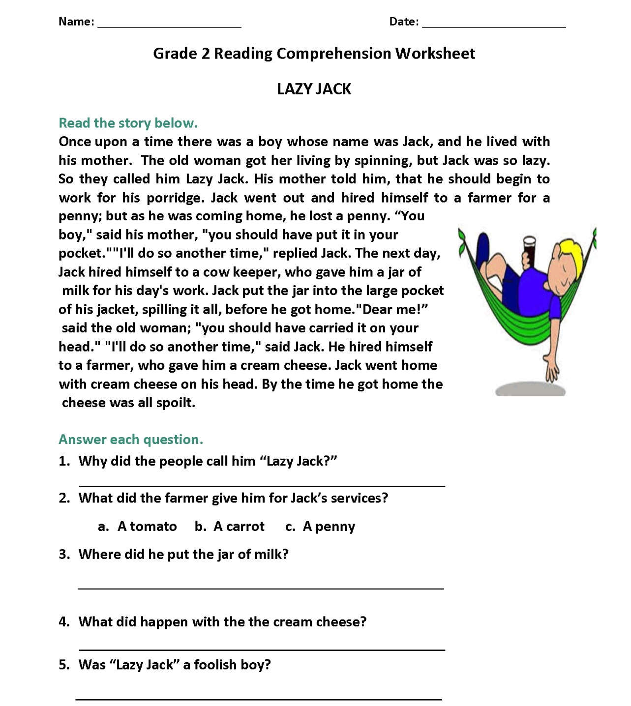 Printable Grade 2 Comprehension Worksheets