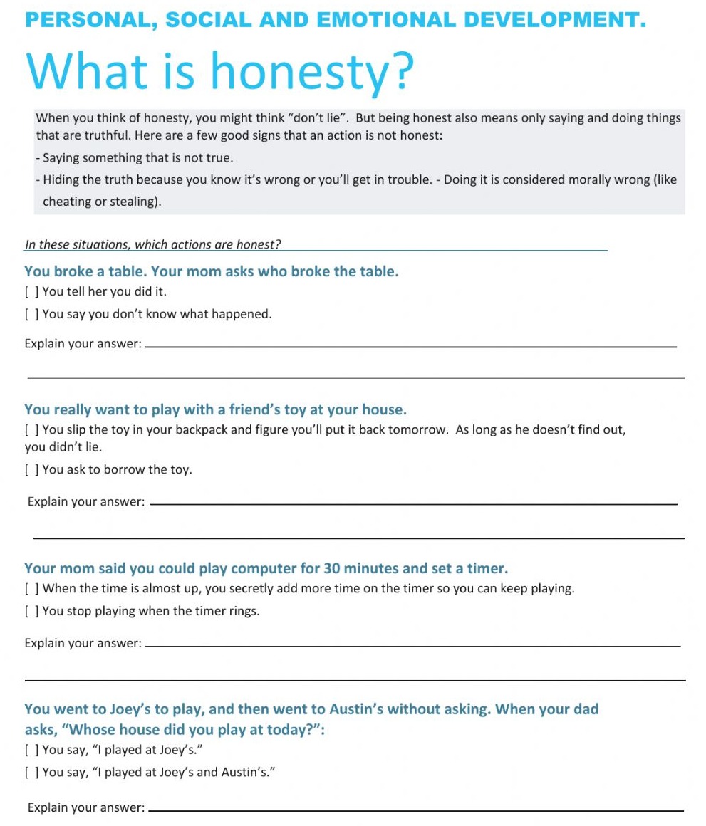Printable Honesty Worksheets