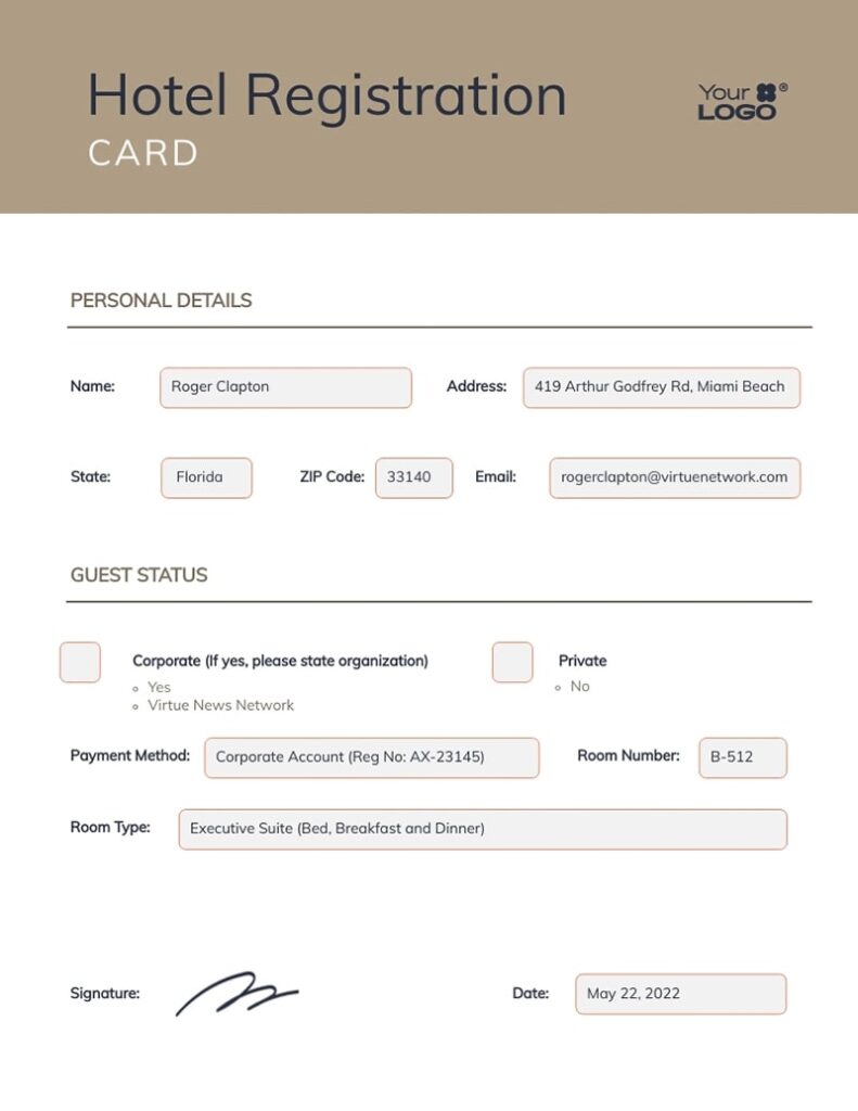 Printable Hotel Registration Card Template - Printable JD