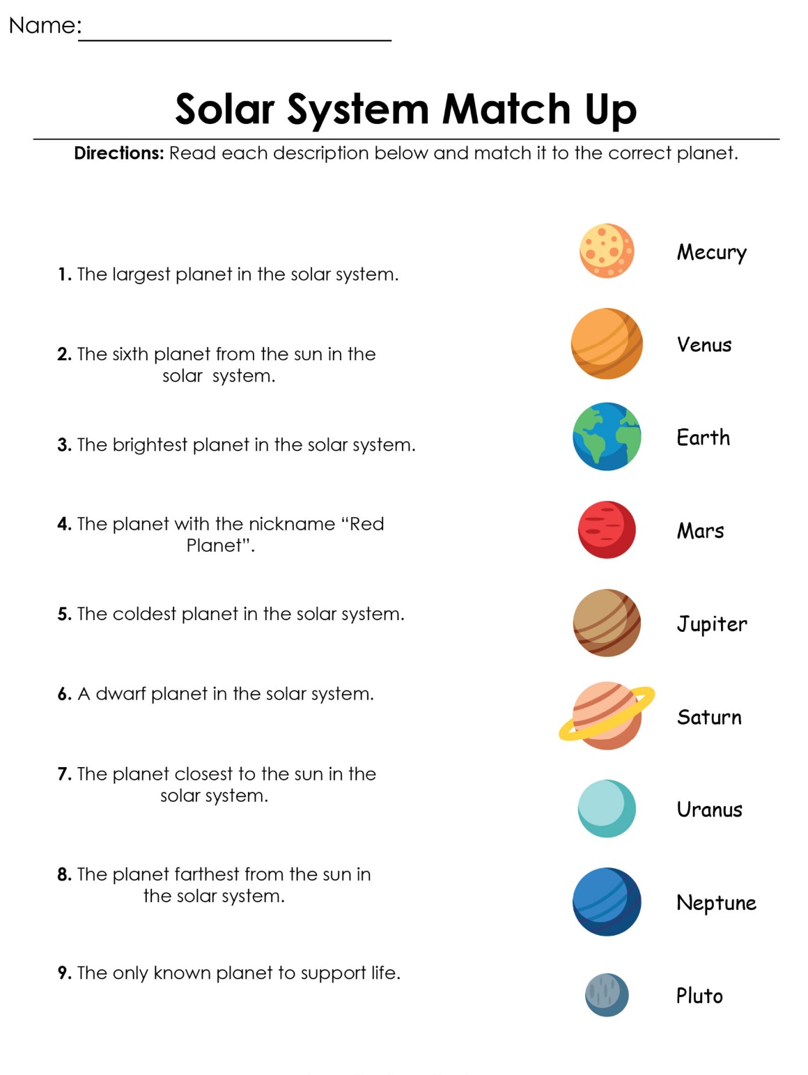 Printable Reading Comprehension Solar System Kid