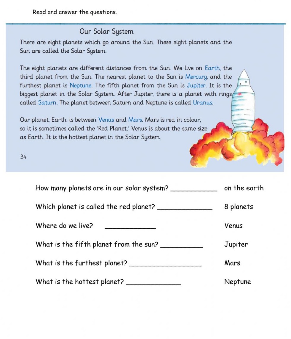 Printable Reading Comprehension Solar System Kid