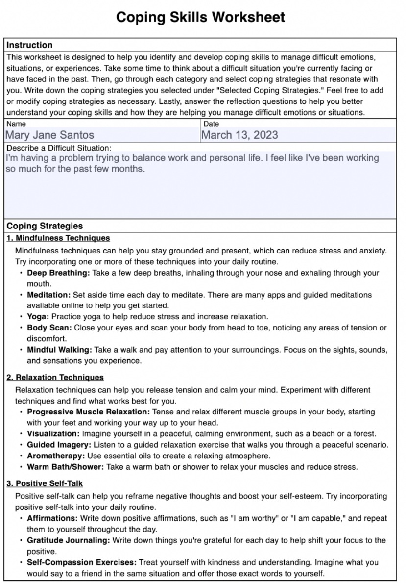Free Printable Coping Skills Worksheets For Adults