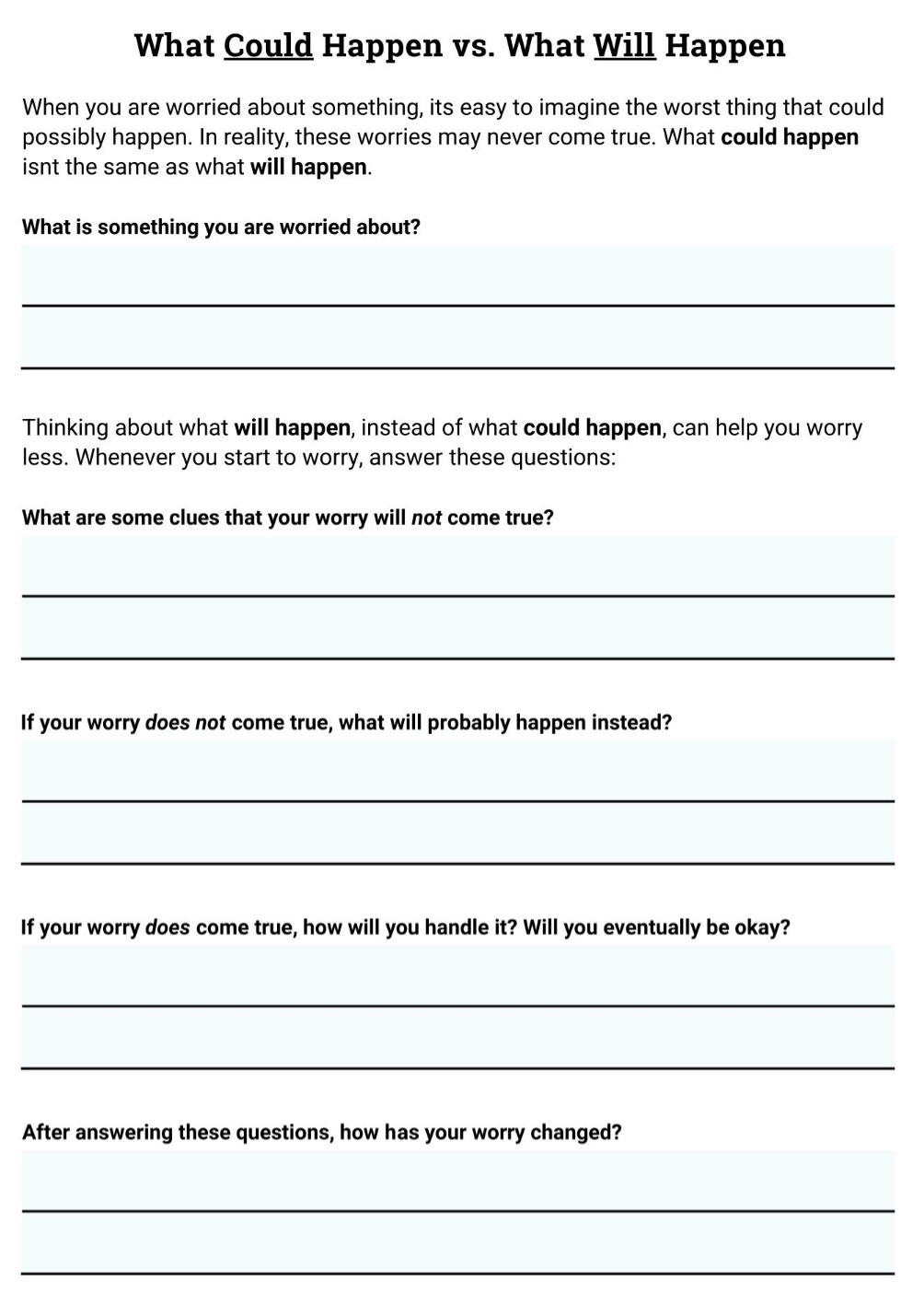 Free Printable Coping Skills Worksheets For Adults