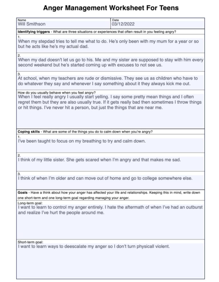 Printable Anger Management Worksheets For Teens