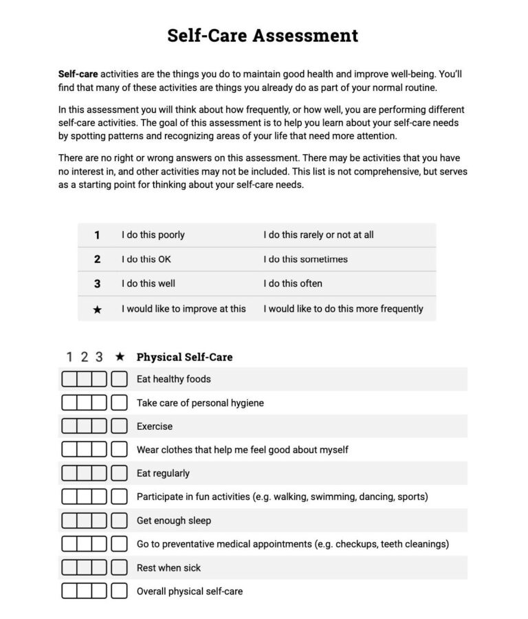 Printable Self-Care Assessment Therapist Aid - Printable JD