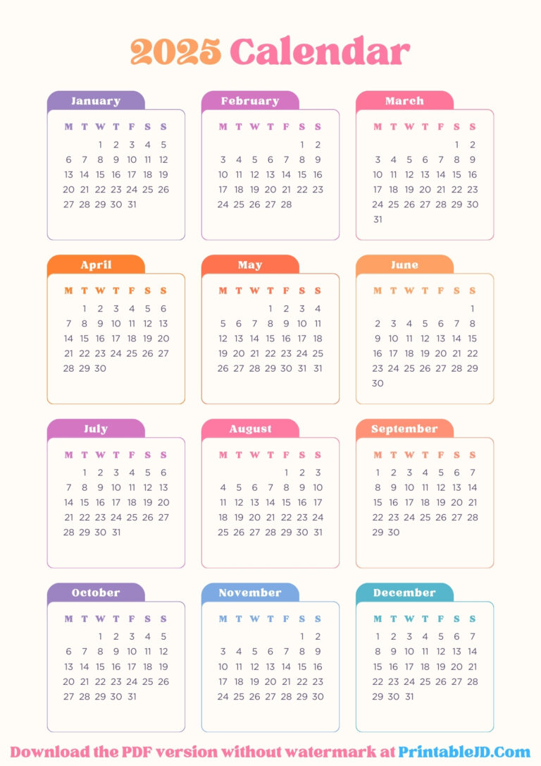 Free Printable 2025 Calendar - PDF & Image - PrintableJD.Com