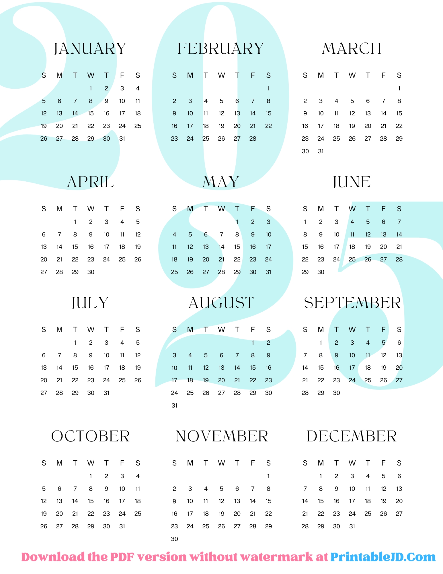 Printable 2025 Calendar in Classic White - Available at PrintableJD.com